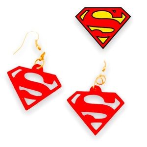 New Handmade Red S925 Sterling Silver 3D Printed Superman Dangle Drop Earrings
